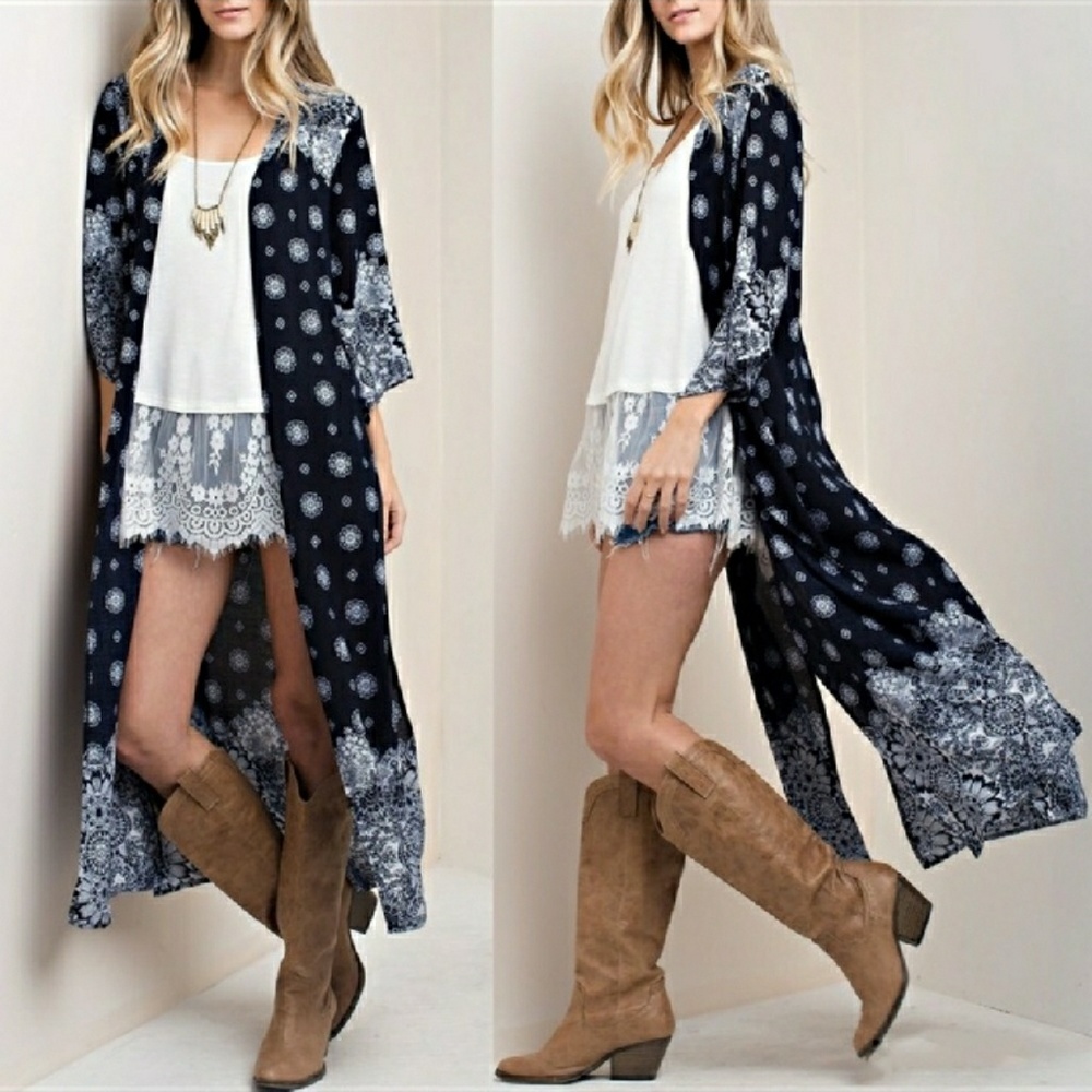 PRINT Navy Duster w/ Side Slit